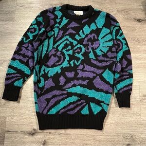 Vintage 80s Abstract Geometric Print Knit Sweater Purple Teal Retro Small Medium